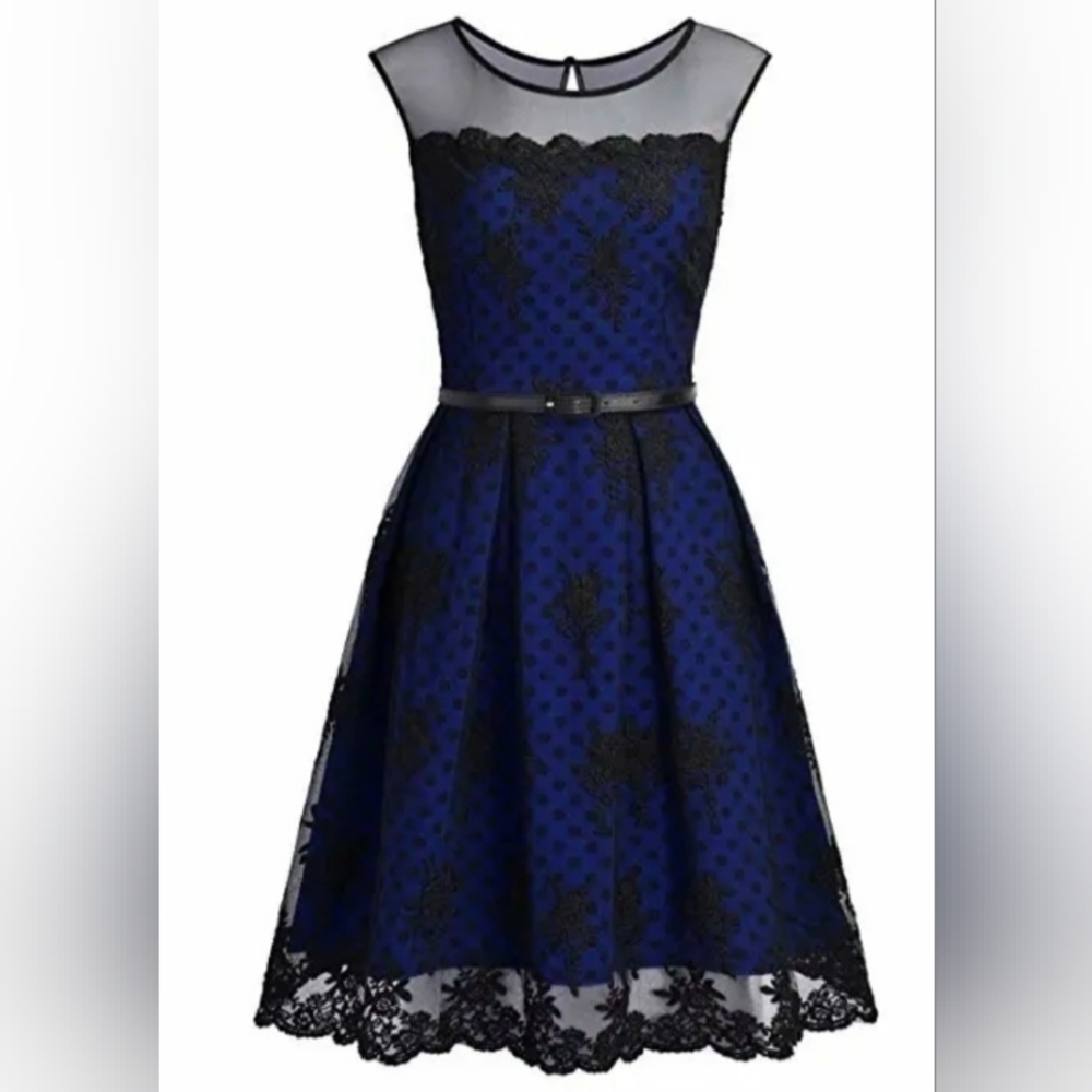 MissMay Retro Pin-Up Swing Dress Polka-Dot Floral Lace Blue/Black Size Small - Picture 2 of 16